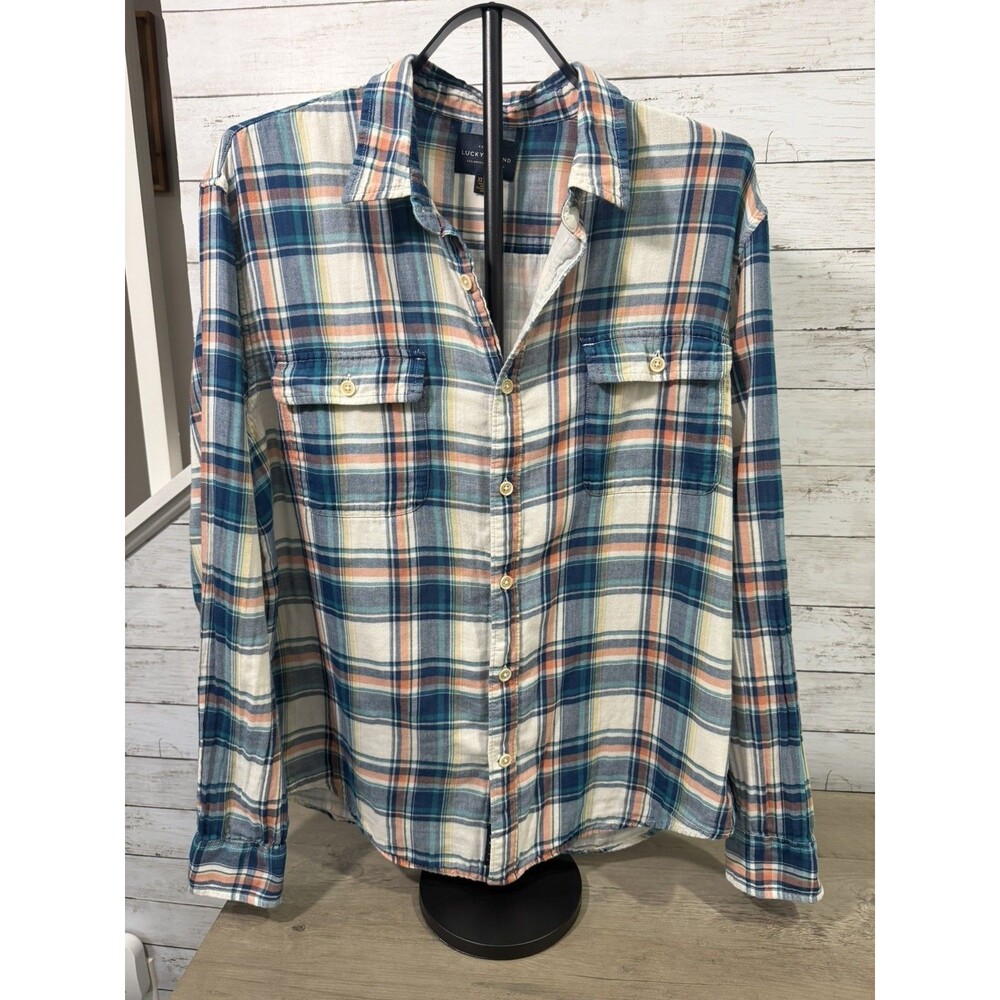 Lucky Brand Shirt Mens Large Blue Plaid Button Front Long Sleeve Cotton XL
